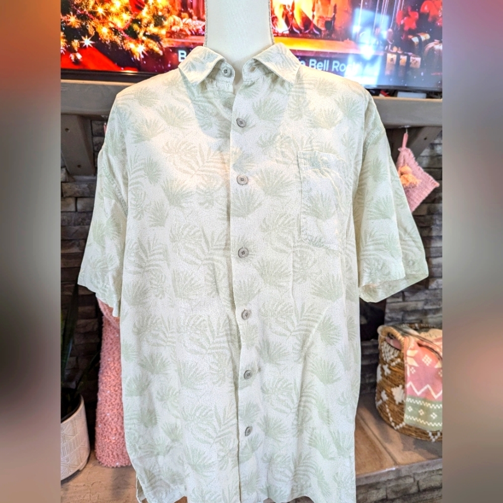 Men's Nat Nast Light Green Palm Print Silk Blend Shirt. Size XL